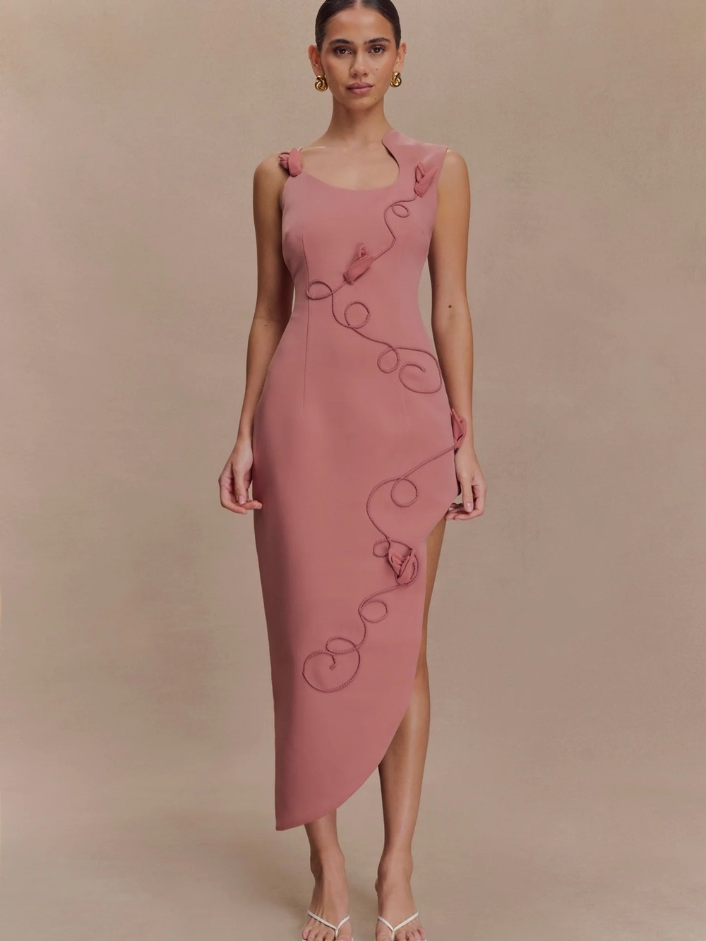 Meshki Rose Pink Asymmetric Midi Dress with Ribbon Detail